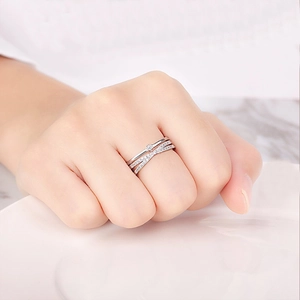Silver multi-layer crossover ring set with micro-paved zircon stones for women