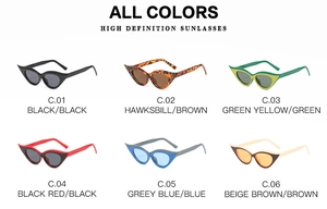 Grid layout showing six different color variants of edgy cat eye sunglasses for women