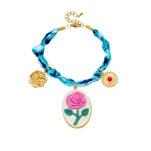 Blue tie-dye fabric chain bracelet with vintage oval floral gold compass pendant