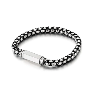 Minimalist black braided rope bracelet with silver stainless steel beads for men