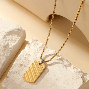 Stainless Steel Striped Texture Rectangle Dog Tag Pendant Necklace For Men Minimalist Military Style Jewelry Gift
