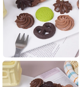 Macro shot of realistic artificial cookies in various shapes for photography props