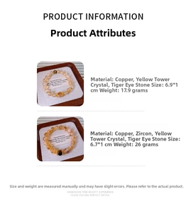 Detailed size specifications for citrine and tiger eye stone bracelets with copper accents