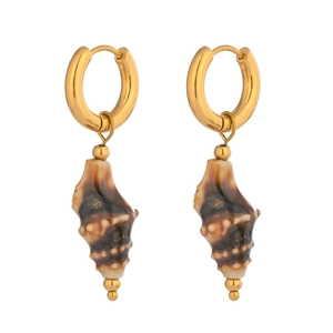 Macro detail of golden hoop earrings featuring natural conch shell charms on white background