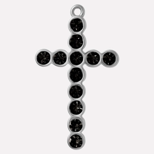 Detailed view of a silver 304 stainless steel cross pendant with black crystal stones
