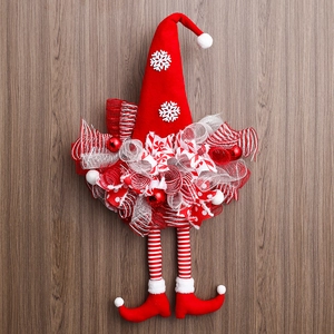 Christmas elf legs wreath with red hat and mesh skirt for holiday wall or door decoration