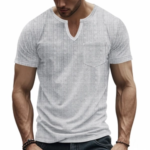 Men's V-neck linen-like T-shirt in light grey with waffle texture and chest pocket