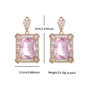 Detail view of pink rectangular gemstone earrings with micro-inlaid zircon and size labels