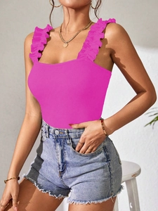 Detail of fuchsia ribbed knit bodysuit with elegant ruffled straps and square neckline