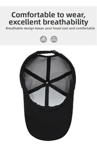 Close-up showing the breathable mesh crown and inner structure of the black sun cap