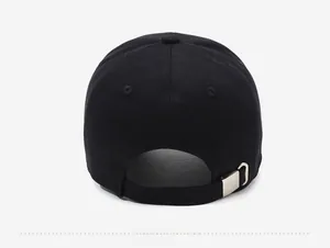Close-up of black baseball cap back with adjustable metal buckle and embroidered eyelets