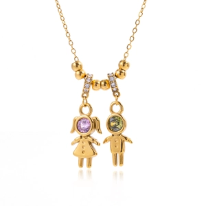 18K gold plated stainless steel necklace with colorful boy and girl pendants