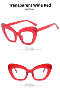 Transparent wine red cat eye glasses frames showing side and front view on white background