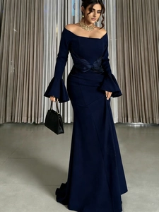 Elegant off-shoulder navy blue evening gown with bell sleeves and bow waist detail