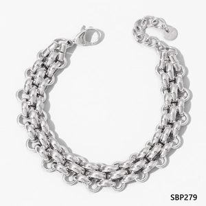 Macro shot of silver stainless steel thick chain bracelet with lobster clasp and tag
