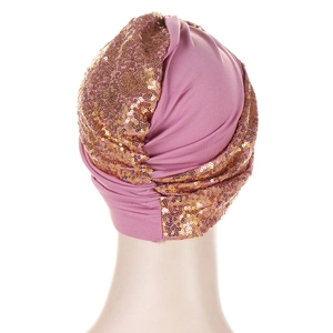 Pink fashion turban hat with gold sequins and twist design shown from the back view