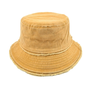 Detail of frayed edge ginger yellow washed canvas bucket hat with reinforced stitching