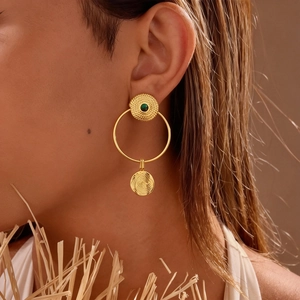 Bohemian Malachite Copper Large Hoop Drop Earrings With Silver Earring Post Retro Geometric Wrinkled Gold Plated For Women