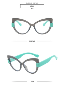 Détail des lunettes œil-de-chat grises avec branches vert menthe contrastées de profil
