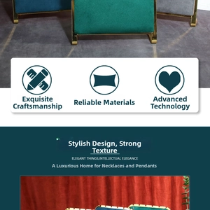 Detail of dark green velvet jewelry display stand with golden metal frame for necklaces