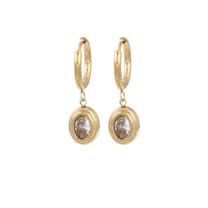 18K gold-plated titanium steel hoop earrings with oval cubic zirconia drop charms