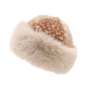 Winter faux fur bucket hat with reindeer pattern and plush trim in a 45-degree angle view