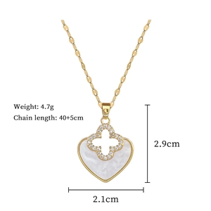 Detailed dimensions of gold heart necklace with clover inlay and sparkling crystals