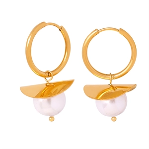 Elegant gold titanium steel hoop earrings with white pearl and curved metal disc pendants