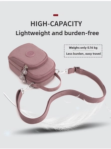 Detail of a dark pink nylon crossbody bag with adjustable strap and feather accent