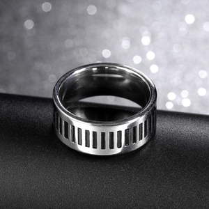 Retro 8mm stainless steel piano key ring with vertical black stripes in silver finish