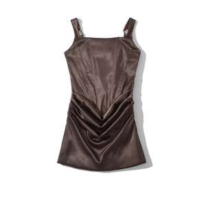Brown satin square neck sleeveless dress with ruching and corset waist detail