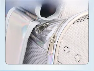 Détail de la fermeture éclair métallique sur le sac à dos respirant holographique