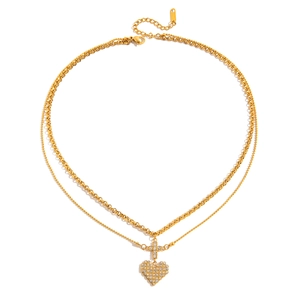 Double-layered 18K gold-plated stainless steel necklace with diamond heart and cross pendant