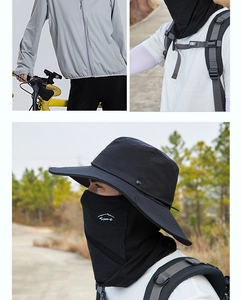 Detail of outdoor sun protection set with ice silk neck gaiter and large brim hat