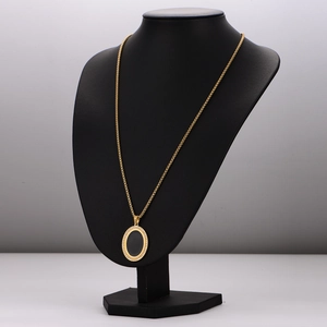18k gold plated stainless steel necklace with oval black pendant and diamond setting