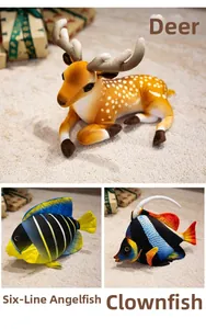 Detailed plush set featuring a spotted fawn and vibrant tropical fish toys in soft fabric