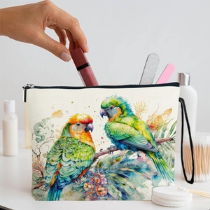 Trousse à maquillage en toile avec imprimé perroquet et dragonne pour cosmétiques