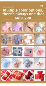 Collage of colorful coral fleece gift towels folded into cute teddy bear shapes with ribbons