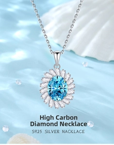 Macro shot of S925 silver necklace featuring an oval blue pendant with cubic zirconia