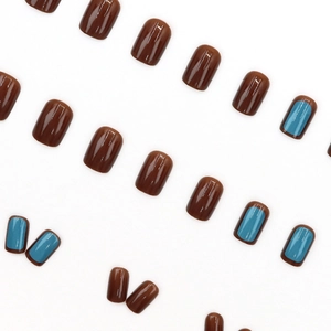 Short square press-on nails in deep coffee and ocean blue glossy finish set