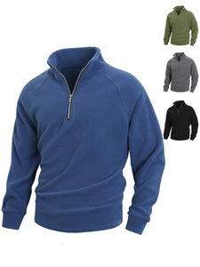 Detail view of quarter-zip fleece pullover available in blue, green, grey, and black