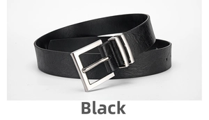 Close-up of black PU leather belt featuring a polished silver rectangular pin buckle