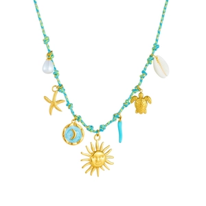 Boho woven turquoise cord necklace with gold sun, starfish, and sea turtle charms
