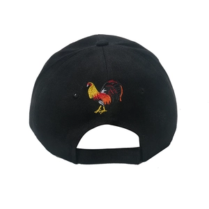 Detail of adjustable velcro strap and embroidered rooster on black cotton baseball cap