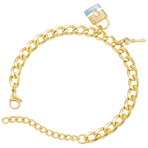 Gold thick chain bracelet with colorful enamel padlock and CZ heart key charm