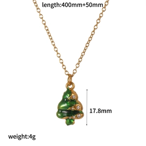 Gold stainless steel Christmas tree necklace with green enamel and crystal accents