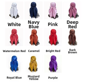 Collage of 90cm satin square scarves in 11 solid colors for hair and neck styling
