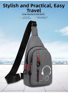 Detailed view of grey nylon chest bag with astronaut pattern and multi-layer zippers