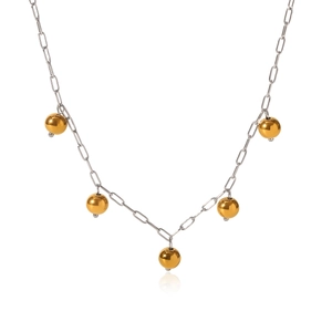 Detail of silver rectangle link chain with five polished gold bead charms on white background