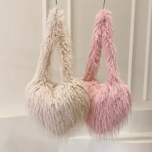 Fashion Heart Shaped Shoulder Bag Plush Faux Fur Solid Color Crossbody Handbag Women Girl Trendy Autumn Winter Soft